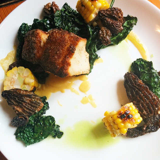 Potato dusted chilean seabass with grilled tuscan kale, porn puree, grilled corn, morels and chive oil.